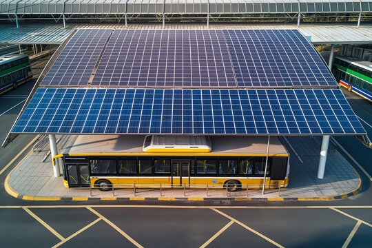 Large solar panels installed on the roof of a bus station with yellow buses underneath. Concept for public transportation and renewable energy infrastructure - Powered by Adobe