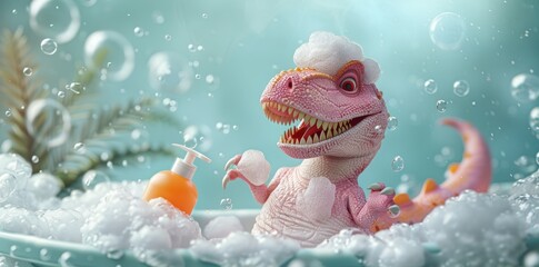 a funny pink dinosaur is enjoying a bubble bath in a blue bathroom. Advertisement for children cosmetics
