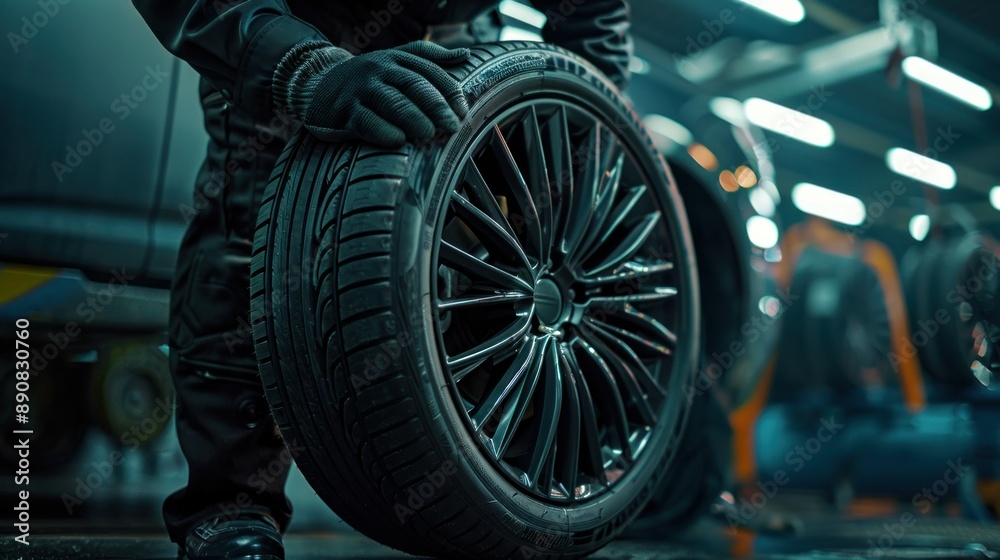 Poster Automobile technician installing a new tire on a vehicle