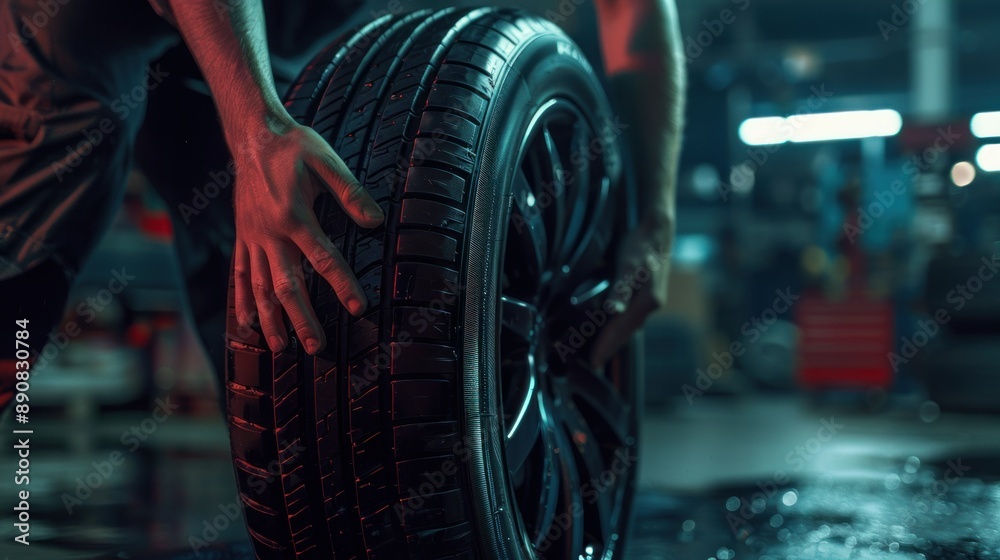 Poster Automobile technician installing new tire in modern workshop