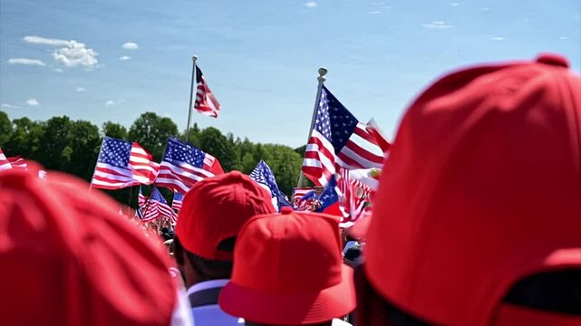 Red hats and American flags at a right wing presidential campaign rally in the Midwest.