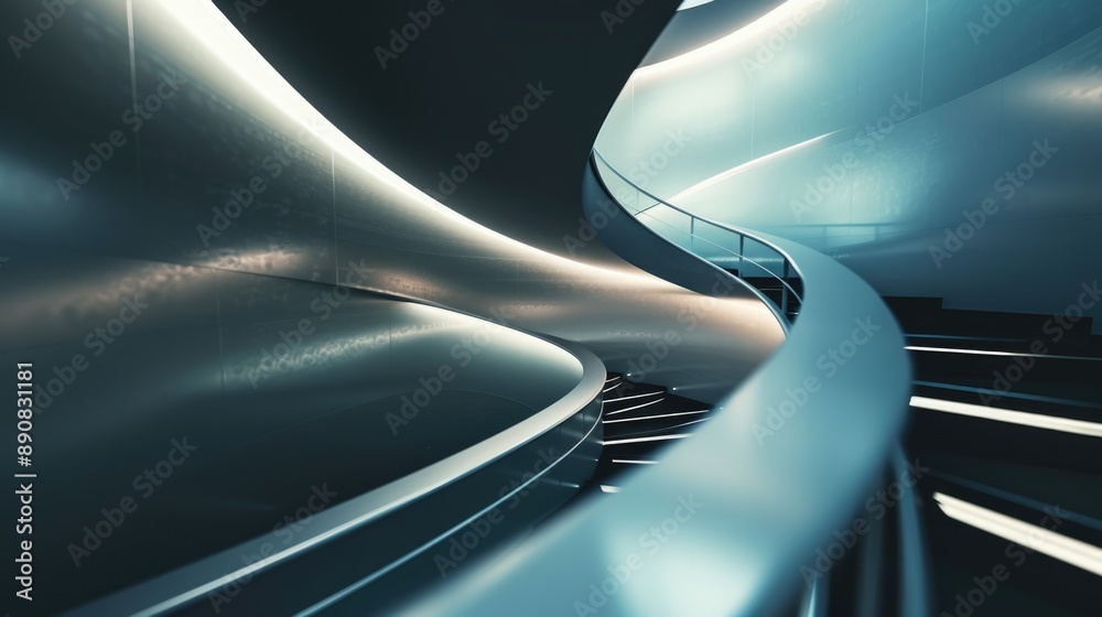 Poster a spiral staircase in a modern building with a clear blue sky background, perfect for architecture a