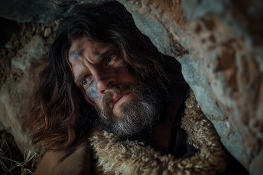 Visual representation of the prophet Elijah from the Bible on alert at the entrance to the cave during the persecution of King Ahab. Close-up of the prophet Elijah wearing fur robes and a leather belt