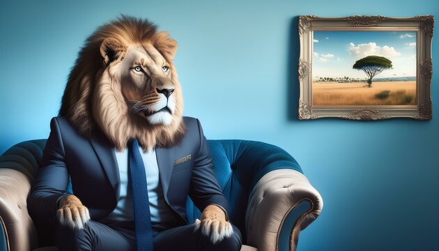 Image surr&eacute;aliste d'un lion en costume, assis sur un canap&eacute;, avec un tableau de la savane accroch&eacute; au mur