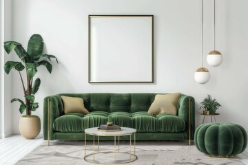 Luxury living room in house with modern interior design, green velvet sofa, coffee table, pouf, gold decoration, plant, lamp, carpet, mock up poster frame and elegant accessories. Template.