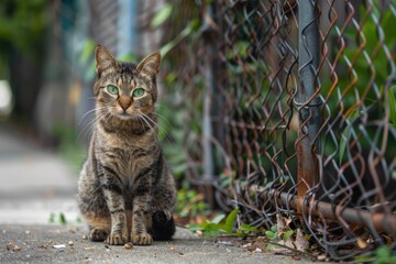 Lost Cat. Stray Tabby Cat with Green Eyes Sitting by Metal Fence in New Orleans, Louisiana