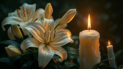 White lilies and burning candles in a dark, moody setting, ideal for condolence cards and spiritual blogs