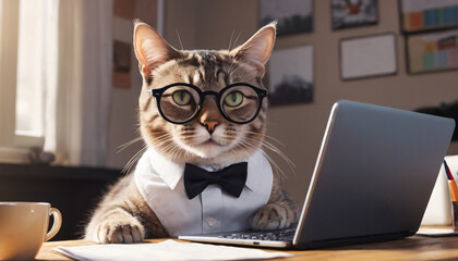 Fototapeta premium illustration of a cat in a suit in front of the laptop