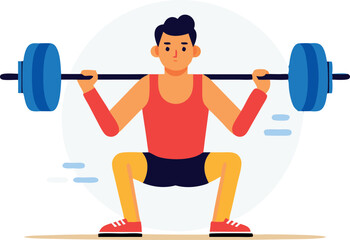 Animated illustration of a man in a red tank top and blue shorts lifting a barbell in a squat position