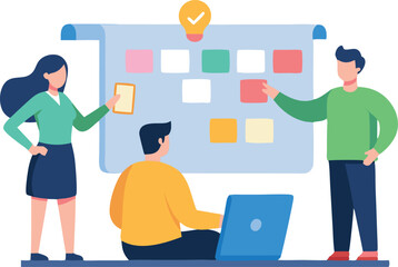 Business team collaborating and brainstorming with a digital Kanban board. Concept of teamwork, organization, project management, and productivity.