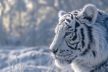 Naklejka premium Snow Tiger. Close-up Portrait of a Majestic White Bengal Tiger in a Winter Forest