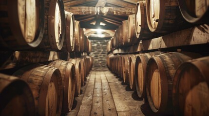 Whisky Distillery. Vintage Oak Whiskey Barrels in Order for Bourbon Making Process