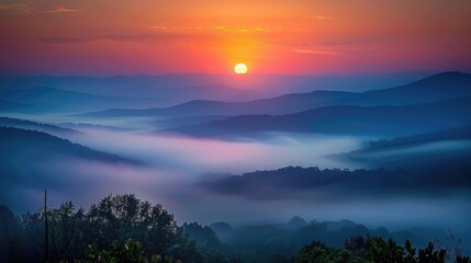 Obraz premium America Burns. Early Morning Fog Dispersing in Blue Ridge Mountains