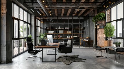 Cozy office with ny loft inspiration, mediterranean touch, black, white, wood tones, natural light