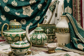 Close-up of ornamental pottery on a table, highlighting themes of culture, decoration, and craftsmanship