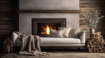 Elegant Modern Living Room with Cozy Fireplace and White Sofa with Beige Throw Blanket