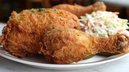 Crispy Fried Chicken Drumsticks with Creamy Coleslaw on a White Plate &acirc;&euro;&ldquo; Perfect Comfort Food for Lunch or Dinner