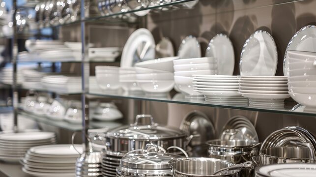 A variety of stacked dishes and shiny cookware displayed on glass shelves in a neat and orderly retail store setting, showcasing household essentials for sale.