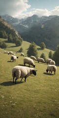 Fototapeta premium Sheep flock grazing in mountains on green grass meadow