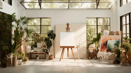 Bright and Airy Art Studio with Plants and Artwork