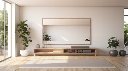 Modern Yoga Studio with Large Mirror and Potted Plants