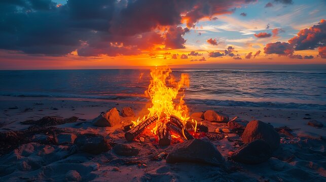 Festive retirement party invitation featuring an open area beach bonfire with sunset views with a writing space in the center for retirement wishes and celebration details