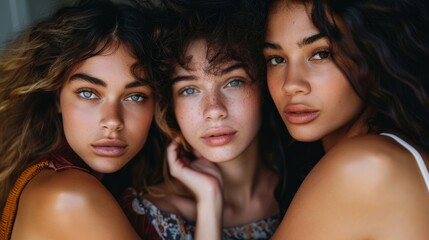Obraz premium Three young women, each with unique features, pose closely together, showcasing a blend of beauty and diversity against a simple backdrop.