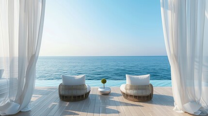 Luxurious outdoor seating area with bright lighting, stunning views of ocean horizon