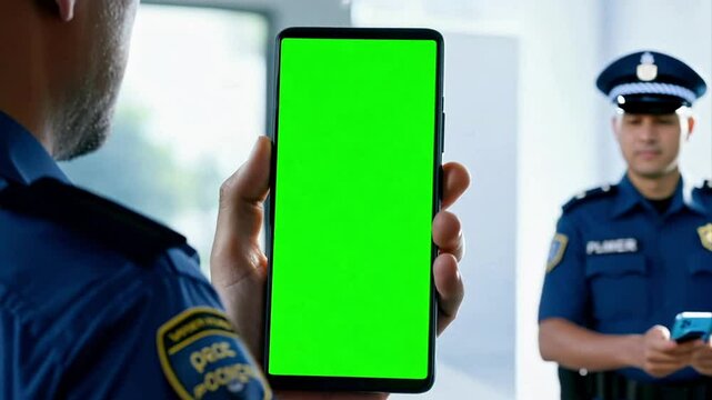 Close up of phone held in a police officers hand with cops in the background in a bright police station where the phone is a chroma key green screen.