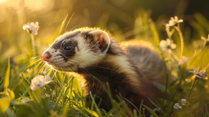 Close-up of a ferret playing in the grass. 