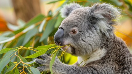 Obraz premium Close-up of a koala eating eucalyptus leaves. 