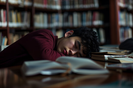 Young man sleeping peacefully among books in a library. Generative AI image