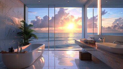 Fototapeta premium Luxurious rectangular bathroom mirror and long sink in modern french design with ocean view