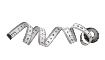 Black and white unraveled tape measure in centimeters isolated cutout on transparent