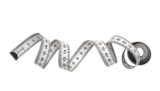 Black and white unraveled tape measure in centimeters isolated cutout on transparent