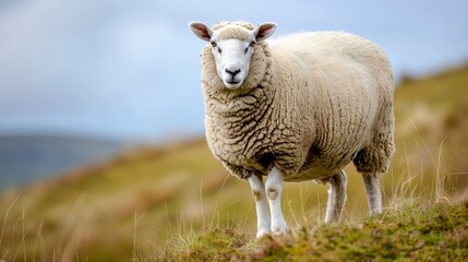 Obraz premium Close-up of a sheep grazing on a hill.