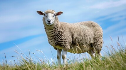 Obraz premium Close-up of a sheep grazing on a hill. 