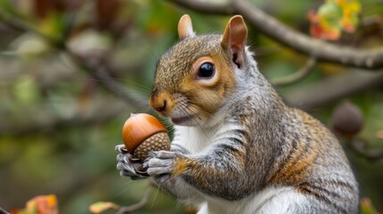 Fototapeta premium Close-up of a squirrel holding an acorn.