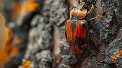 Macro shot of a beetle on a tree bark.