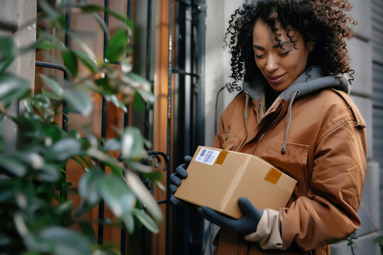 A woman wearing a brown hat is opening a brown box. She is smiling and she is happy