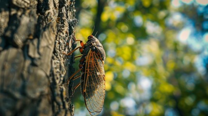 Macro shot of a cicada on a tree. 