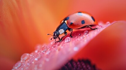 Fototapeta premium A Ladybug Walking On A Dew-Covered Petal
