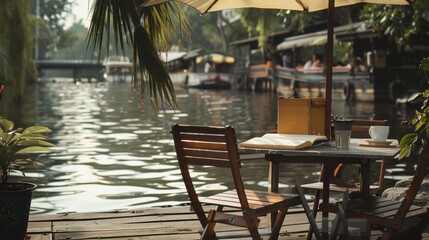 Fototapeta premium Immersed in a tranquil bossa nova ambiance while studying at a riverside cafe in a realistic setting