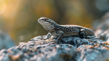 A Grey And Black Lizard Basking On A Rock In Sunlight