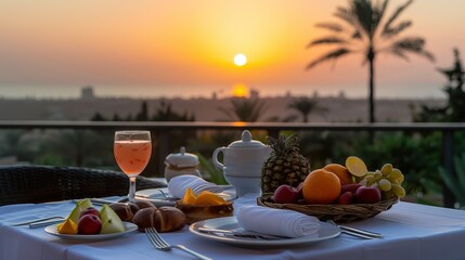 Romantic Sunset Breakfast With Fruit and Tea on a Balcony Overlooking a City