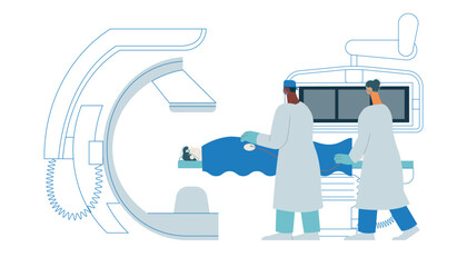 Coronary Angiography Procedure. Medical Equipment. Doctor and Nurse Perform Cardiac Catheterization on Patient in Laboratory. Modern Flat Vector Illustration. 