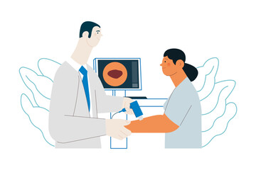 Dermatoscopy. Skin Cancer Screening. Medical Equipment. Medical Specialist Screening Patient on Birthmarks in Laboratory. Modern Flat Vector Illustration. 