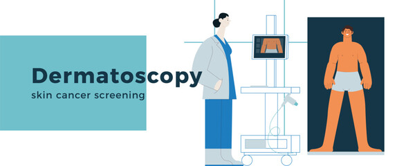 Dermatoscopy. Skin Cancer Screening. Medical Equipment. Medical Specialist Screening Patient on Birthmarks in Laboratory. Modern Flat Vector Illustration. Website Banner.