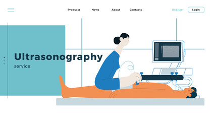 Obraz premium Ultrasonography Procedure. Female Medical Specialist Examining Male Patient with Scanner in Medical Office or Laboratory. Modern Flat Vector Concept Illustration. Landing Page Design Template.