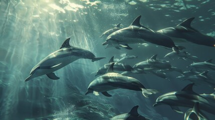 Fototapeta premium Wide shot of a group of dolphins swimming. 